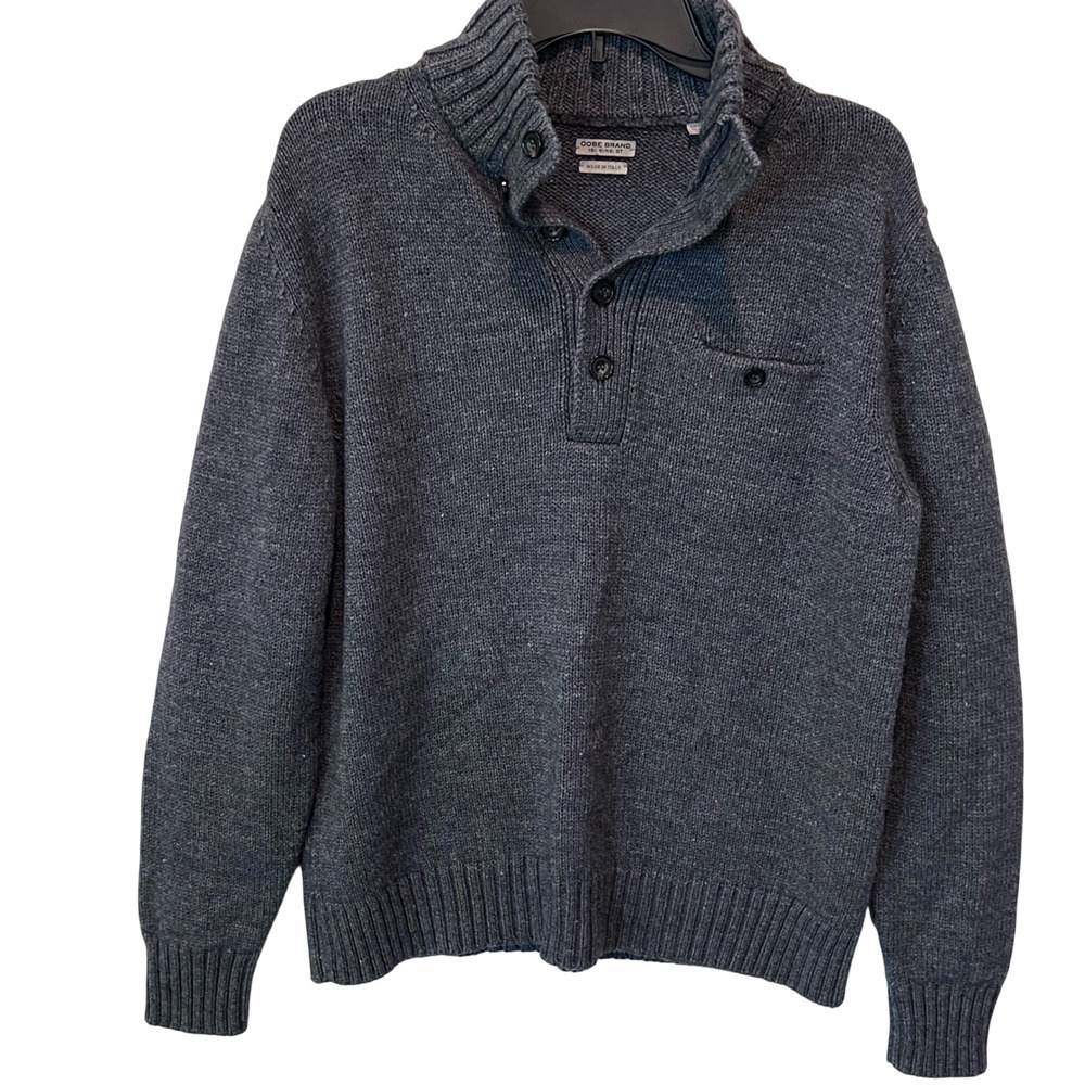 Oobe Italian Merino Wool Blend Henley Sweater‎ Gray Mock Neck Made in Italy L